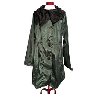 Dorman Jacket Green Black Button Up Lightweight Windbreaker Drawstring XL